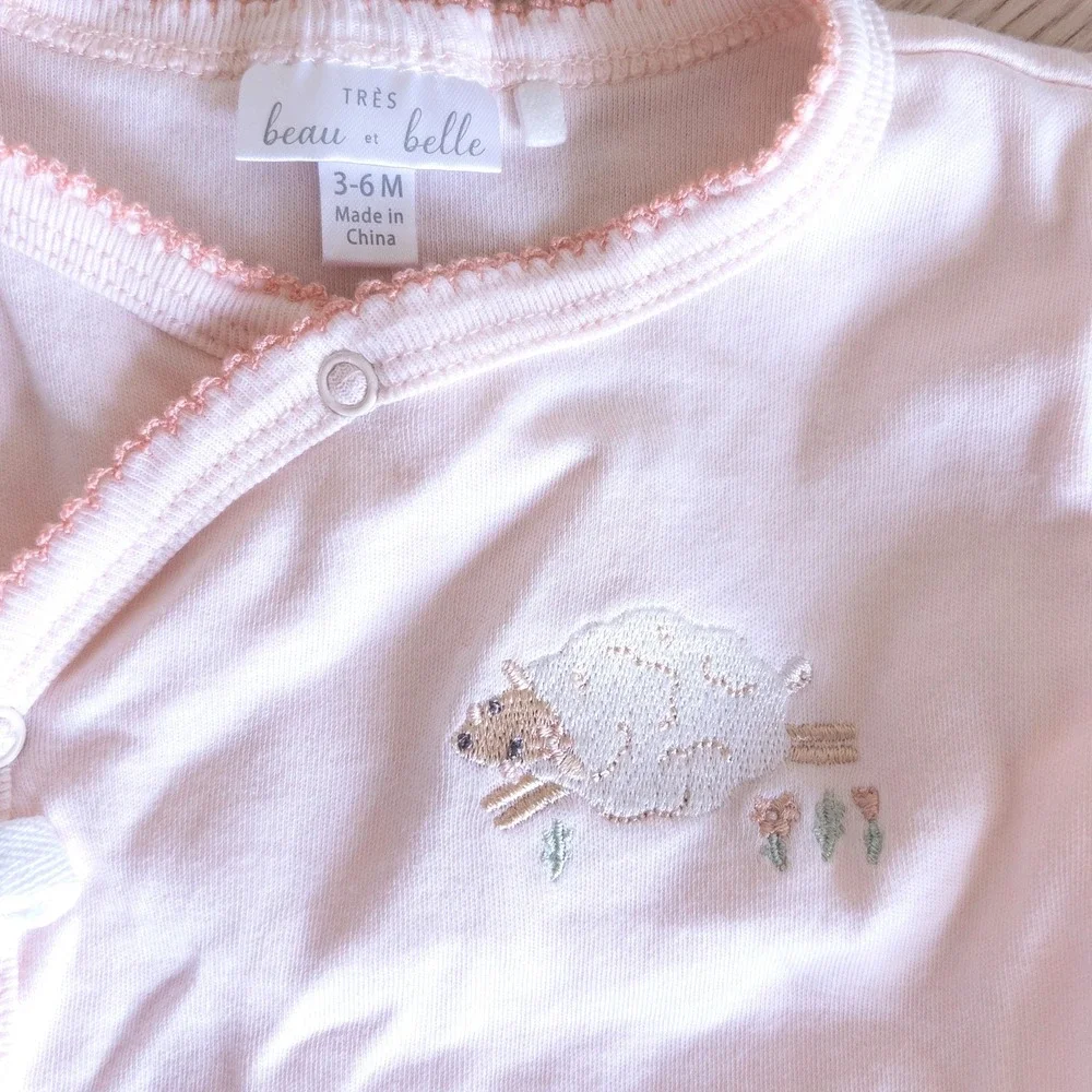 Tres Beau et Belle Footed Sleeper Pink Sheep Embroidered Pima Cotton Baby 3-6M